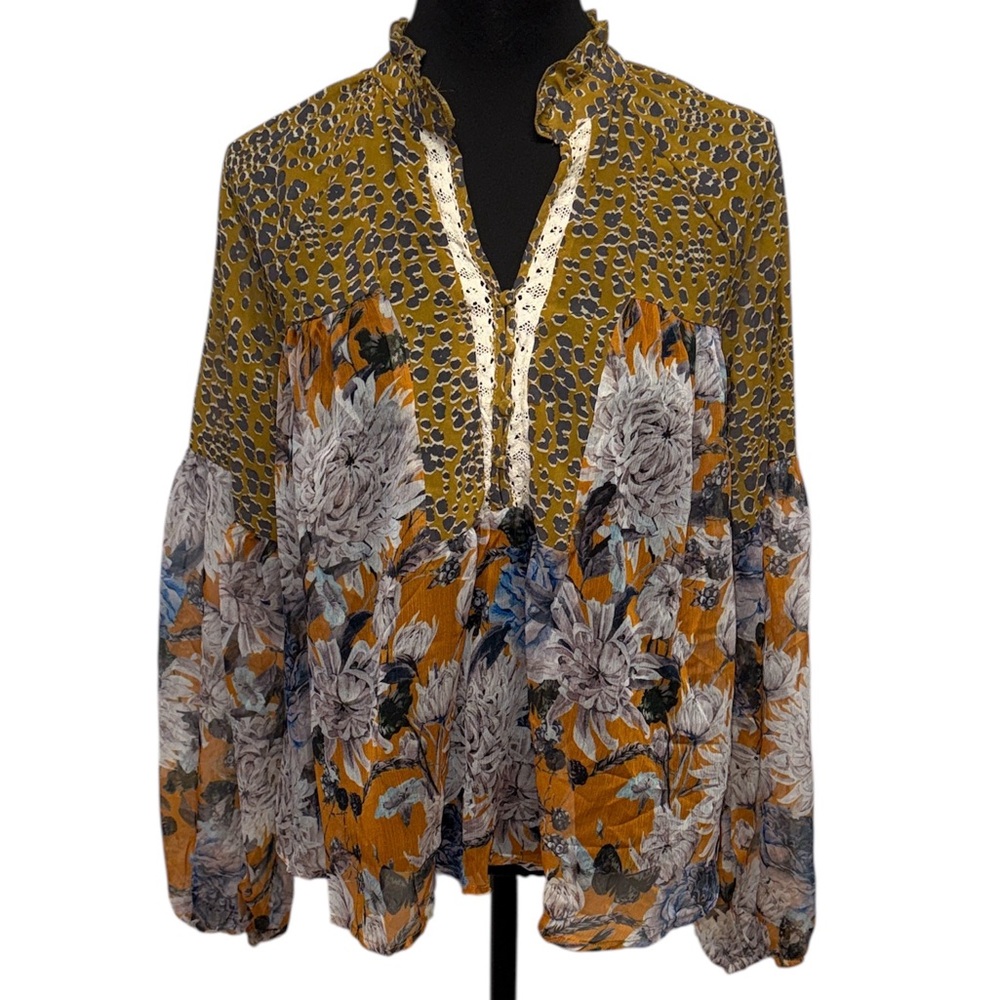 Umgee Orange and Brown Embellished Long Sleeve Blouse. Boho Flowy